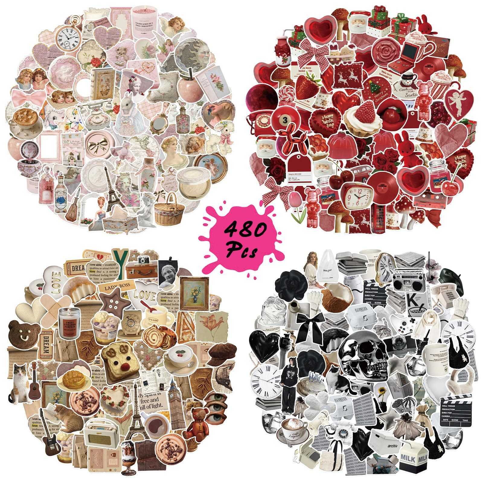 BOMICHI 480 Pcs Vintage Aesthetic Stickers for Scrapbooks Laptop Water Bottles Skateboard Notebooks Phone Kindle, Cute Vinyl Stickers for for Kids Teens Adults Girls - Image 1