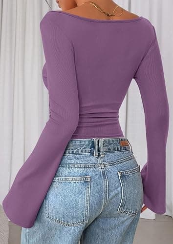 PRETTYGARDEN Women's Long Sleeve Shirts 2025 Fall Crop Going Out Tops Casual Boat Neck Bell Sleeve Ribbed Ruched Y2K Clothes thumbnail 6