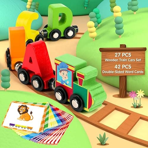 Vanmor 27 PCS Magnetic Wooden Alphabet Train Sets | ABC Letter Learning Toy Trains with 42 PCS Flash Cards, 1 Engine, 1 Storage Bag | Toddlers Kids Boys Girls Educational Toys for 3 4 5 6 7 Years Old thumbnail 4