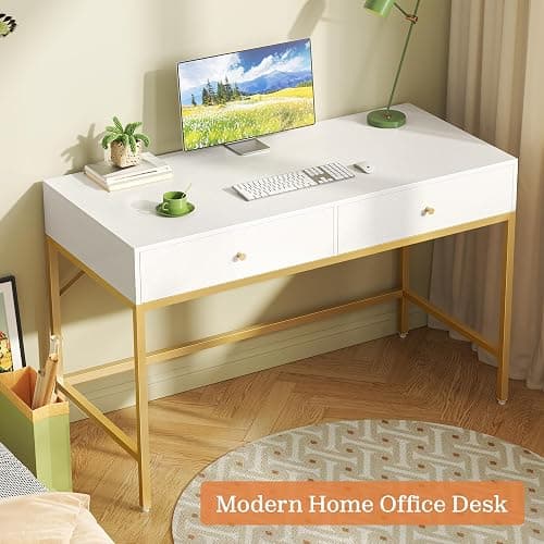 SUPERJARE Vanity Desk with Drawers, 47 inch Computer Desk, Modern Simple Home Office Desks, Makeup Dressing Table for Bedroom - White and Gold, 7997G thumbnail 5