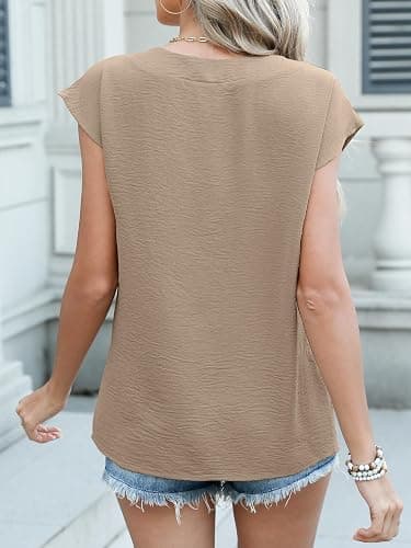 ANRABESS Women Tops Cap Sleeve Textured Dressy Casual V Neck Shirts 2025 Summer Business Work Blouses Outfits - Khaki - Large thumbnail 5