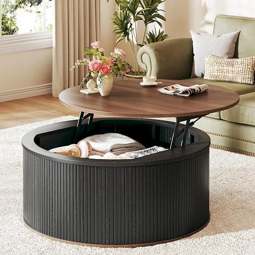 HUAHUU Round Coffee Table with Storage, 31.5" Lift Top Coffee Table, Mid Century Modern Coffee Tables for Living Room, Apartment Office, Fluted Table with Rustic Wood Desktop - Image 1