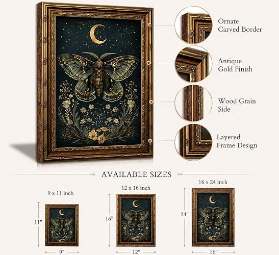 Vintage Gold Framed Butterfly Canvas Wall Art Dark Academia Gothic Moths and Moon Painting Picture Wall Decor Retro Victorian Botanical Insect Flower Poster Print Artwork for Living Room Bedroom thumbnail 2
