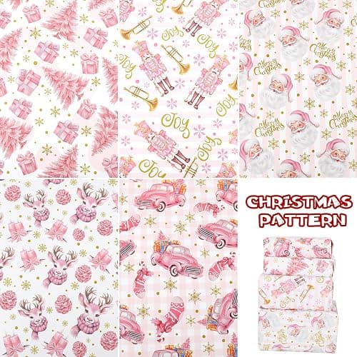 KIMOBER 5 Rolls Christmas Wrapping Paper,Pink Paper with Retro Xmas Elements and Cut Lines on Reverse(17in × 118in Per Roll,Pink Style) thumbnail 4