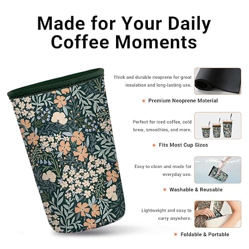 Cavllson 3 Pack Reusable Insulated Neoprene Iced Coffee Sleeves & Coffee Cup Holder, Universal Fit 16-32oz Cups for Hot/Cold Beverages - Flower-3 Pack thumbnail 4