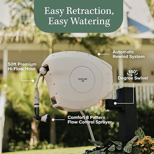 HOSELINK Beige 50ft Hi-Flow Automatic Retractable Garden Hose Reel, 9/16”, 8-Pattern Spray Nozzle, UV-Stabilized Kink-Free Hose, Wall Mounted Complete Watering Solution for Backyard, Garden & Outdoor thumbnail 3