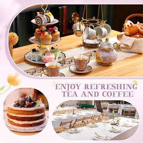 21 Pcs Porcelain Tea Set with 3 Tier Dessert Stand, Purple, Delicate | Ceramic Teapot Set with Metal Holder Cups Saucers for Adults, Floral Tea Party Set, European Tea Party Set Gift for Women thumbnail 4