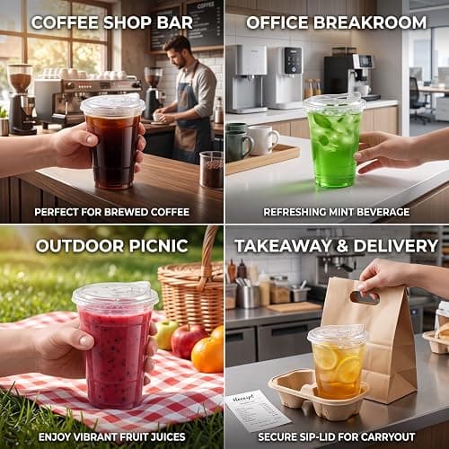16oz Clear Plastic Cups with Lids, BPA-Free Disposable Iced Coffee Cups. | Leak-proof sip lids fit car holders. Food-grade PET for smoothies & lemonade. 100-pack bulk value for Parties & To-Go. thumbnail 7