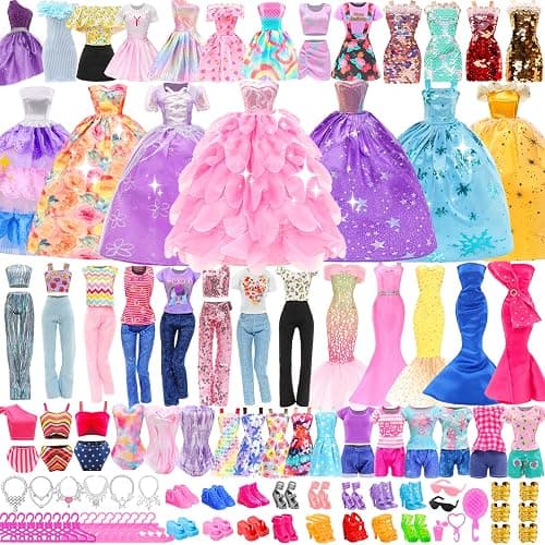 57 PCS Doll Clothes and Accessories 3 Wedding Gowns 3 Tops 3 Pants 3 Fashion Dresses 1 Evening Dresses 2 Swimsuits Bikini 6 Braces Skirt 10 Hangers 15 Shoes and 14 Accessories Toys for 11.5 inch Doll - Image 1