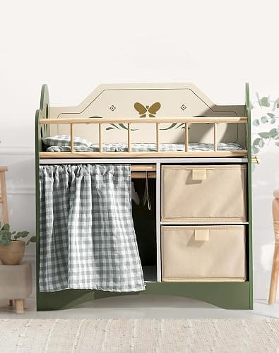 ROBOTIME Baby Doll Crib, Wooden Doll Bed, Toy Baby Crib with Storage, Bedding, and Wooden Hooks, Doll Crib Fits Dolls up to 22’’, Doll Furniture for American Girls Ages 3+ (Green) - Green-Modern thumbnail 8