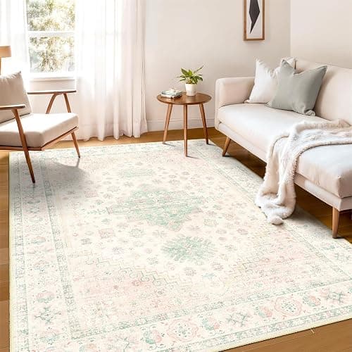 MUJOO 5x7 Area Rugs Washable,Boho Rug for Living Room Bedroom Dining Room Office,Large Throw Carpet,Non Slip Big Soft Indoor Low Pile Light Pink and Green thumbnail 2