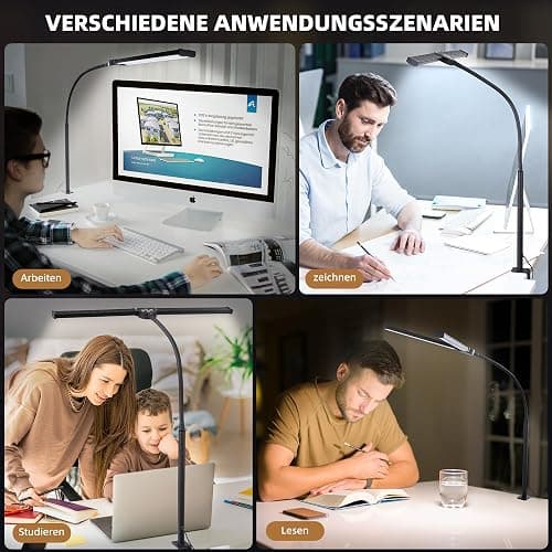 LIBORA Lampe de Bureau LED, Double tête lampe bureau, 5 Modes de Couleur 5 Niveaux de Luminosité, Col de cygne flexible et Peu encombrante lampe pince, lampen de table, Blanc thumbnail 6