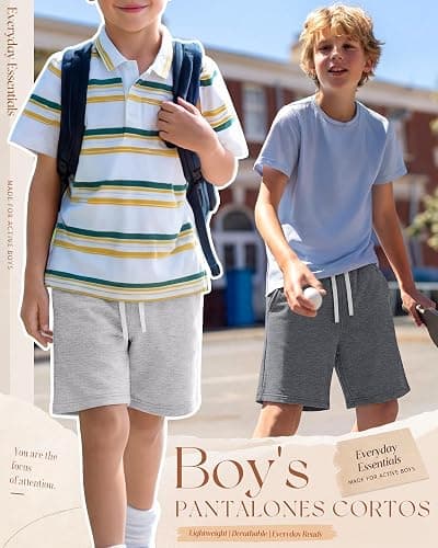 Yooo's Vivi 5 Pack Boys Sweat Shorts with Pocket | Elastic Waist Drawstring Shorts, Side Pocket Sweat Shorts, Soft Athletic Shorts, Back to School Uniform Summer Wear, 7-16 Y thumbnail 2