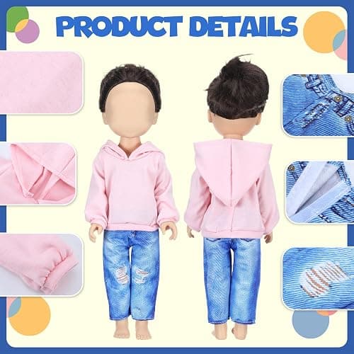 Bencailor 8 Pieces 18 Inch Doll Clothes Dolly Girl Accessories Cotton Sweaters Denim Pant Regular Outfit Clothing for 18 Inch Doll(Black,White,Grey,Pink) thumbnail 4