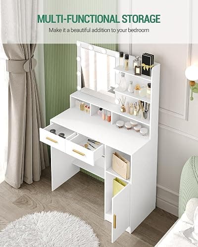 Hzuaneri Vanity Desk with Mirror and 10 LED Lights, Power Strip Makeup Vanity with 3 Shelves, Dressing Table with Drawers & Cabinet, 3 Adjustable Lighting Brightness, White DT34303XCA thumbnail 4