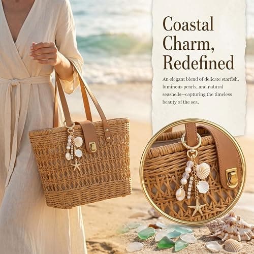 Angyape Gold Beach Keychain Cute Starfish Pearl Sealshell Keychain Bag Charms Purse Charms Summer Travel Gifts for Women thumbnail 5