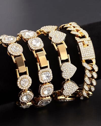 shopbyskyler 4PCS Gold Bracelets for Women Silver Clustered Tennis Bracelet for Women Heart Round Diamond Cuban Bracelet Layered Link Bracelet Set Fashion Jewelry for Women Set thumbnail 6