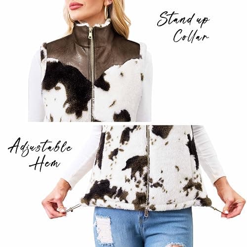 Women's Fuzzy Cow Print Vest Cozy Lightweight Sherpa Fleece Vest for Women Sleeveless Outerwear with Pockets thumbnail 3