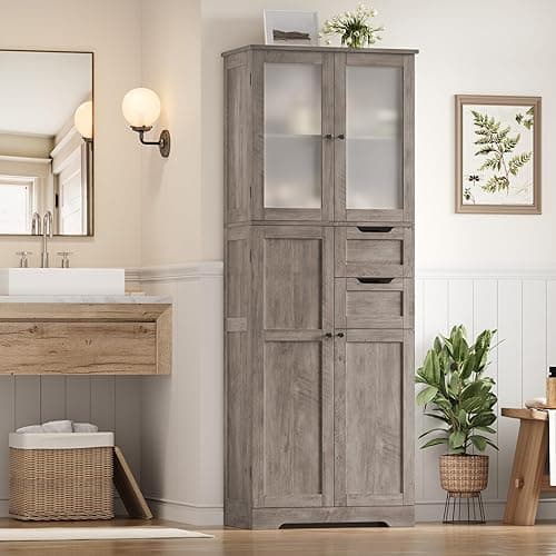 BOTLOG 67'' Tall Bathroom Storage Cabinet, Linen Cabinet with Glass Doors and Adjustable Shelves, Kitchen Pantry with 2 Drawers for Bathroom, Living Room, Dining Room, Rustic Grey thumbnail 4