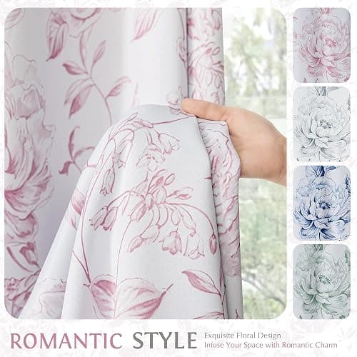 Beauoop Floral 100% Blackout Curtains 84 Inches Long 2 Panels for Bedroom Living Room Pink White Farmhouse Dusty Rose Flower Patterned Room Darkening Thermal Grommet Window Treatments Drapes, 50X84 thumbnail 8