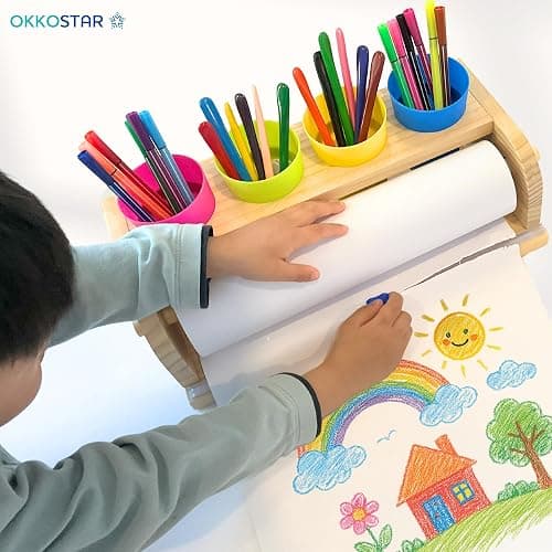 Wooden Tabletop Paper Roll Dispenser with Safety Sliding Cutter - Kids Art Easel with Roll of Paper (11.4”x 98.4ft)- Pencil Cups and Drawing Kit 30 Piece Set (Safety Sliding Cutter) thumbnail 4