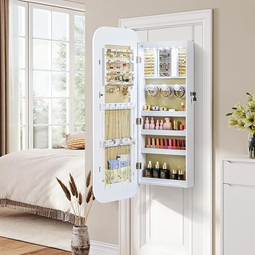 GOFLAME Rounded Mirror Jewelry Cabinet, Wall Mounted Over the Door Jewelry Armoire Organizer, 16.5" x 42.5" Wide Full Length Mirror with Storage, Built-in LED Makeup Mirror, Modern, Lockable, White thumbnail 9
