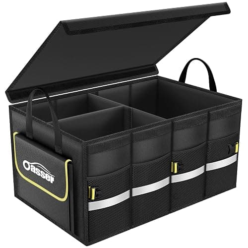 Oasser 55L Car Trunk Organizer, 3 Compartments Collapsible Waterproof Car Organizer Storage with Foldable Cover, Reflective Strip, Non-Slip Bottom, 4 Mesh Pockets for SUV/Truck/Sedan/Camping/Road Trip - Image 1