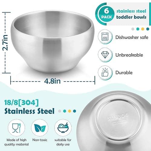HaWare 6-Piece Kids Bowls, 12oz SUS304 Metal Bowl for Toddler Children, Small Baby Bowls for Feeding/Soup/Snacks, Multipurpose 18/8 Stainless Steel Cereal Bowls, Double Walled, Dishwasher Safe thumbnail 3