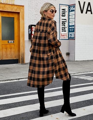 Blooming Jelly Women's Button Down Flannel Shirts Plaid Shacket Long Sleeve Collared Long Jacket Coats thumbnail 5