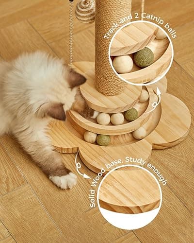 KHALOR Cat Scratching Post for Kittens, 4 in 1 Wooden Cat Scratcher Toy, 17.7" Tall Scratch Post with 2 Level Cat Track Balls, Interactive Feather Toy and 2 Sisal Hanging Balls for Indoor Kittens thumbnail 3