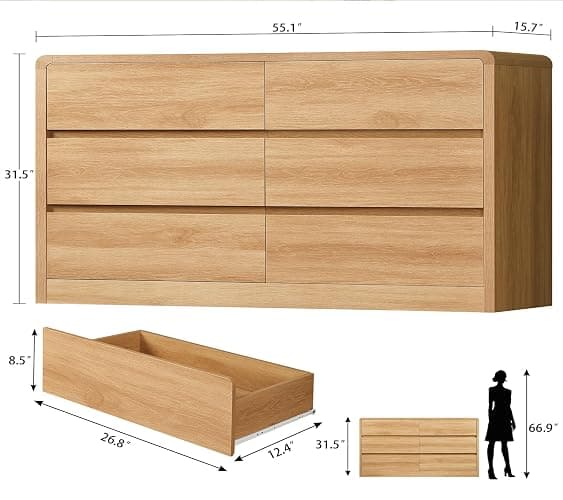 TEENFON 55" Dresser for Bedroom with 6 Drawers, Dressers & Chests of Drawers with Curved Profile Design, 6 Drawer Dresser, Bedroom Dressers, Wood Dressers for Bedroom, Hallway, Natural thumbnail 2