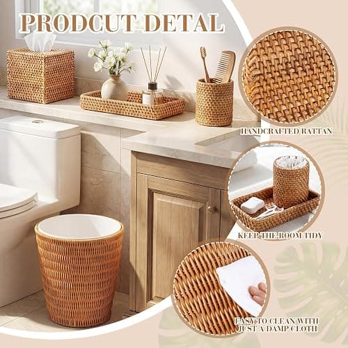 Cinnvoice 5 Pcs Boho Bathroom Accessories Set, Wicker Rattan Bathroom Decoration Includes Tissue Box Cover Toothbrush Holder Vanity Tray and Trash Can for Farmhouse Bedroom Toilet Countertop thumbnail 5