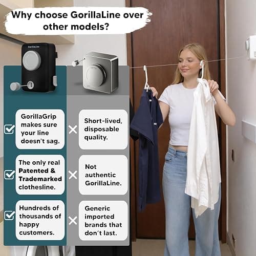 GorillaLine Max – Retractable Clothesline Indoor Outdoor, Non-Sagging Heavy Duty Clothes Drying Line, Wall Mounted Drying Rack, Air Dry Clothing, Max Tighten with GorillaGrip thumbnail 5