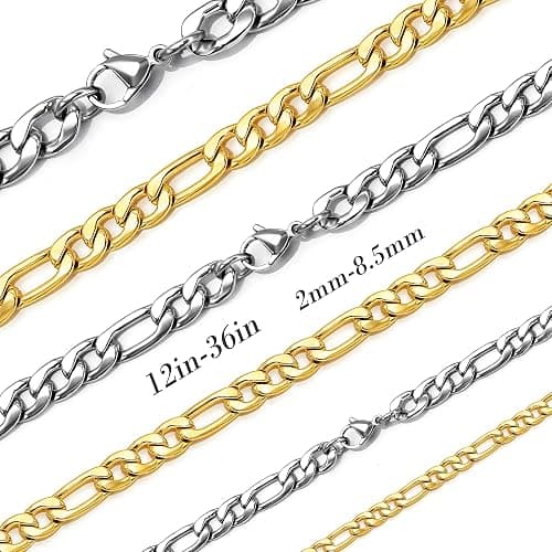 SANNYRA Figaro Chain for Men, Mens Chains Necklaces, Stainless Steel 2-8.5mm 12-36inches 18K Gold Plated Silver Plated Necklace for Women thumbnail 2