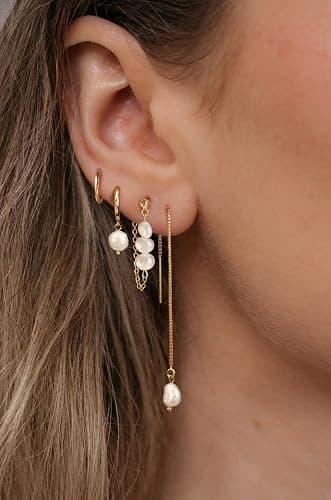Moodear Gold Hoop Earrings for Women No Tarnish - Dainty Pearl Drop Dangle Huggie Hoops Trendy Earring Sets for Multiple Piercing Hypoallergenic Jewelry Gift thumbnail 9