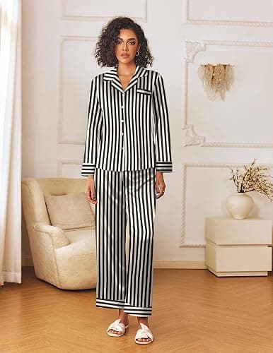 Ekouaer Womens Silk Satin Pajama Sets 2 Piece Sleepwear Pjs Set Long Sleeve Button Down Top and Pants Stripe Loungewear S-XXL thumbnail 4
