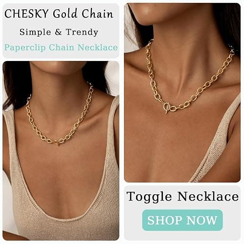 CHESKY 14K Gold Plated Chunky Necklace for Women, Trendy Paperclip Chain Necklace Thick Cross Heart Pendant Necklace Layered Herringbone Cuban Link Chain Toggle Necklaces Non Tarnish Jewelry thumbnail 4
