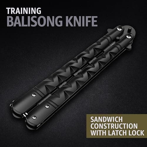 GOOD WORKER Butterfly Knife - Balisong Trainer - Black Practice Butterfly Trainer with Sure Spring Latch - Balisong Knives NOT Real NOT Sharp Blade - Full Stainless Steel Fake Dull Trick thumbnail 4