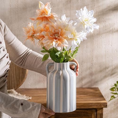 Ceramic Grey and White Checkered Stripes Vase with Handles, Hand-Painted Modern Minimalist Bohemian Floral Vases Home Decor, Cottage Core Decor, Flower Vase for Bouquet Mantle Kitchen Bookshelf 9.1 In thumbnail 3