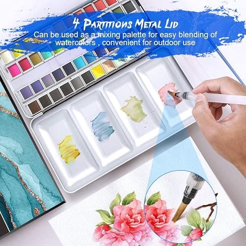 RATEL Aquarellfarben-Set, Aquarellkasten -- 48 feste Farbpigmente + 1 hochwertiger Pinsel + 20 Blätter + 2 Aquarellstifte, wasserlösliches und leicht zu mischendes Aquarellfarben-Set thumbnail 5