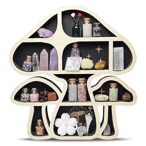 FNYDOX Wooden Mushroom Floating Shelves, Crystal Display Shelf for Wall, Cute Mushroom Wall Decor, Rock Gem Stone Storage Organizer, Essential Oil Holder Hanging Case, Meditation Art Spiritual Gift - 3 Mushrooms