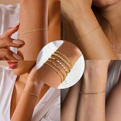 Gokeey Gold Bracelets for Women Non Tarnish Trendy,14K Gold Plated Dainty Stackable Paperclip Cuban Link Chain Bracelets, Simple Cute Cuff Bracelets Jewelry Set Adjustable 7"+2" thumbnail 8