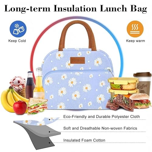 Coobiiya Lunch Bag Lunch Box for Women Men, Reusable Cute Lunchbag - Leakproof, Adult Insulated Lunch Box Tote with Large Capacity, Cooler Container for Work, Travel, Office (Blue Daisy) thumbnail 7