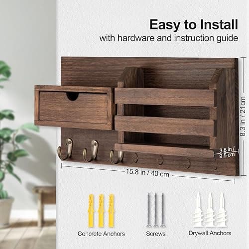 Lwenki Wall Mount Key Holder with Mail Organizer, 100% Paulownia Wood, 7 Metal Hooks, Storage Drawer, Entryway Home Decor (Brown) thumbnail 2