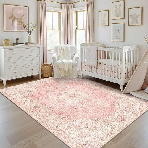 Latte&Fog Washable Pink Rug, Vintage 5x7 Area Rugs for Girls Bedroom,Living Room,Cute Nursery Dorm, Floral Non Slip Low Pile Soft Carpets for Classroom Kids Playroom Kitchen Dining Room Office thumbnail 3