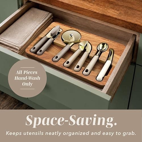 COOK WITH COLOR 6-Piece Kitchen Tool Set with Acacia Wood Cutting Board, Can Opener, Pizza Cutter & Prep Essentials, Brown Ombre thumbnail 6
