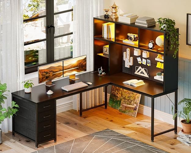 AODK 63" L Shaped Desk for Gaming and Working，Black | PC Desk with Hutch, Pegboard & Shelves, 4 Drawers, Integrated LED Light Strip & Power Outlets, Reversible thumbnail 2