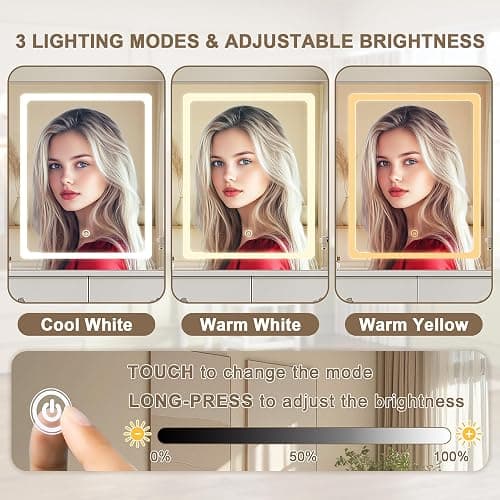 ProsperHaven Vanity Desk with Mirror and LED Lights, Small Makeup Vanity Table Set with Drawers and Chair, Dressing Table with Power Outlet for Girls Bedroom, White thumbnail 4
