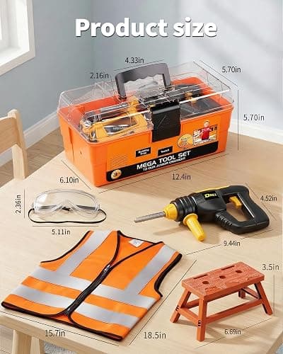 Deejoy Kids Tool Set with Electronic Toy Drill & Construction Vest - Pretend Play Toys for 3 4 5 6 Year Old Boys, ABS Plastic Repair Toolkit with Large Storage Box(Orange) thumbnail 4
