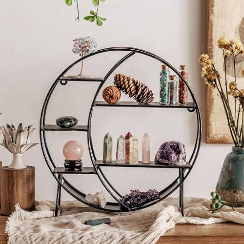 Apresolar Moon Shelf for Crystals - Circle Shelf Wall Decor for Wall and Countertop - Crystal Shelf Display for Stones, Essential Oil, Pendulum - Boho Hanging Moon Shelves (Retro Black) thumbnail 2
